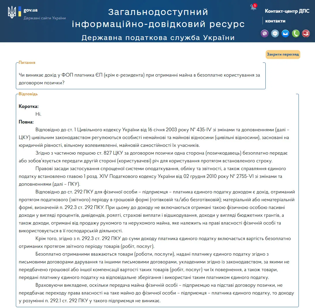 Чи може ФОП - платник єдиного податку взяти в позичку приміщення для використання у своїй діяльності ФОП